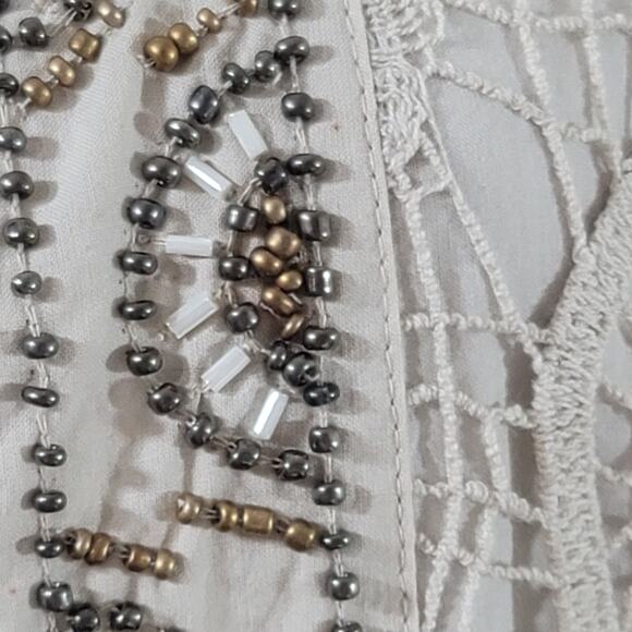 Peter Nygard Tan Beige Crochet Bead Overlay Open Front Blazer 8 Lightweight Soft - Picture 8 of 8